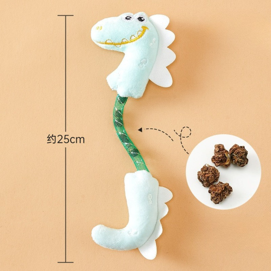 Moo dinosaur plush cat toy displayed from above highlighting overall shape and colors