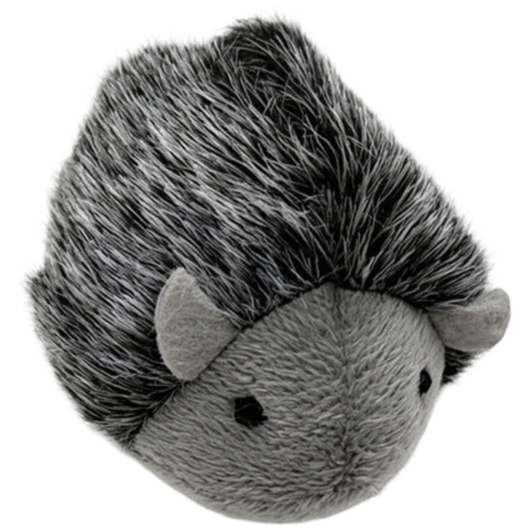 Black hedgehog-shaped cat toy with a gray rounded face, angled front view