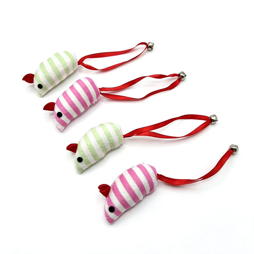 Green and Pink striped mouse-shaped cat toys displayed together with red ribbon loops and silver-colored bells