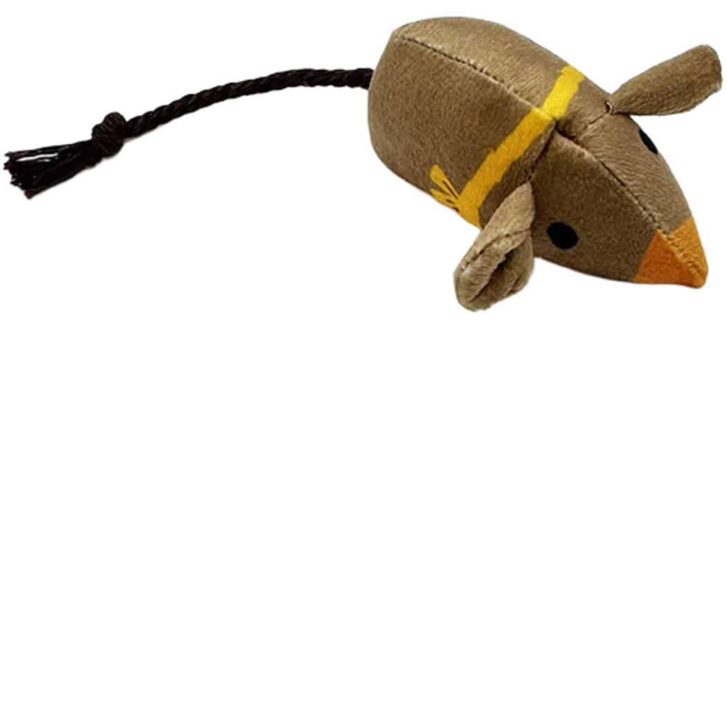 Brown mouse-shaped cat toy with a yellow stripe, orange nose and dark cord tail