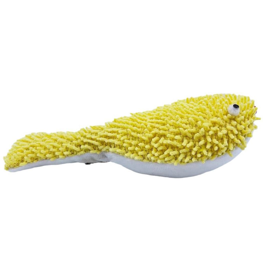 Pufferfish cat toy in side view, showing its yellow tufted upper surface, white underside and flared tail