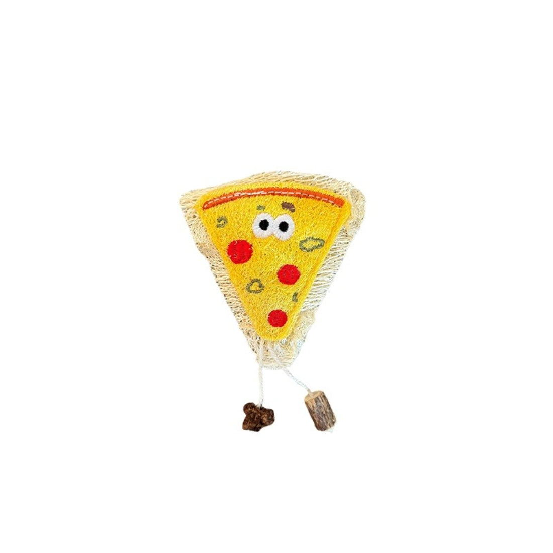 Moo Pizza and Donut Loofah Cat Toy donut and pizza slice side by side
