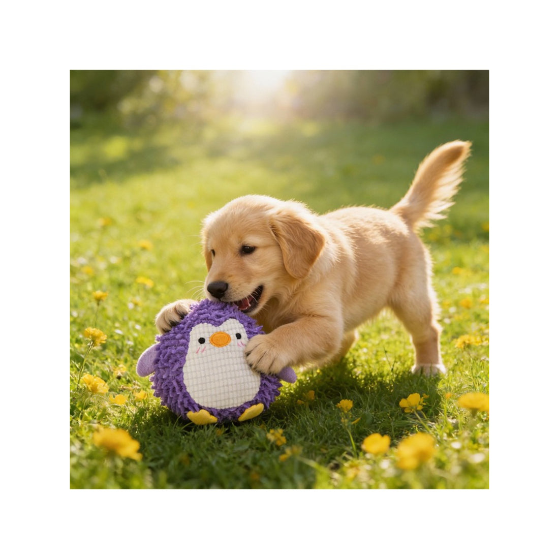 Petkin Shaggy Animal Friend dog toy displayed with a measuring tape for size reference
