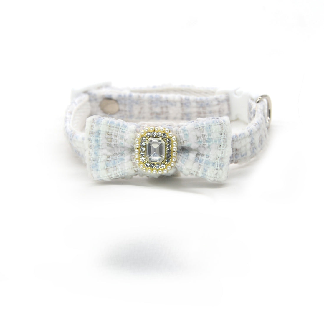 Mokka Tweed Gem Bow Cat Collar worn by a cat, showing fit and style