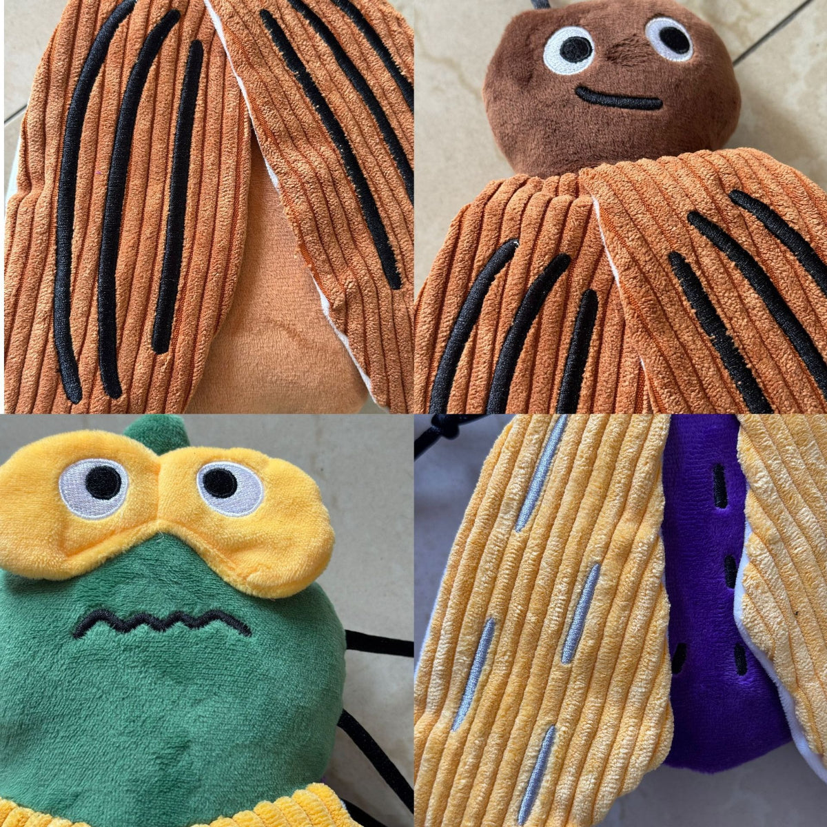 Plush insect cat toys displayed with visible stitching and soft materials for pet play