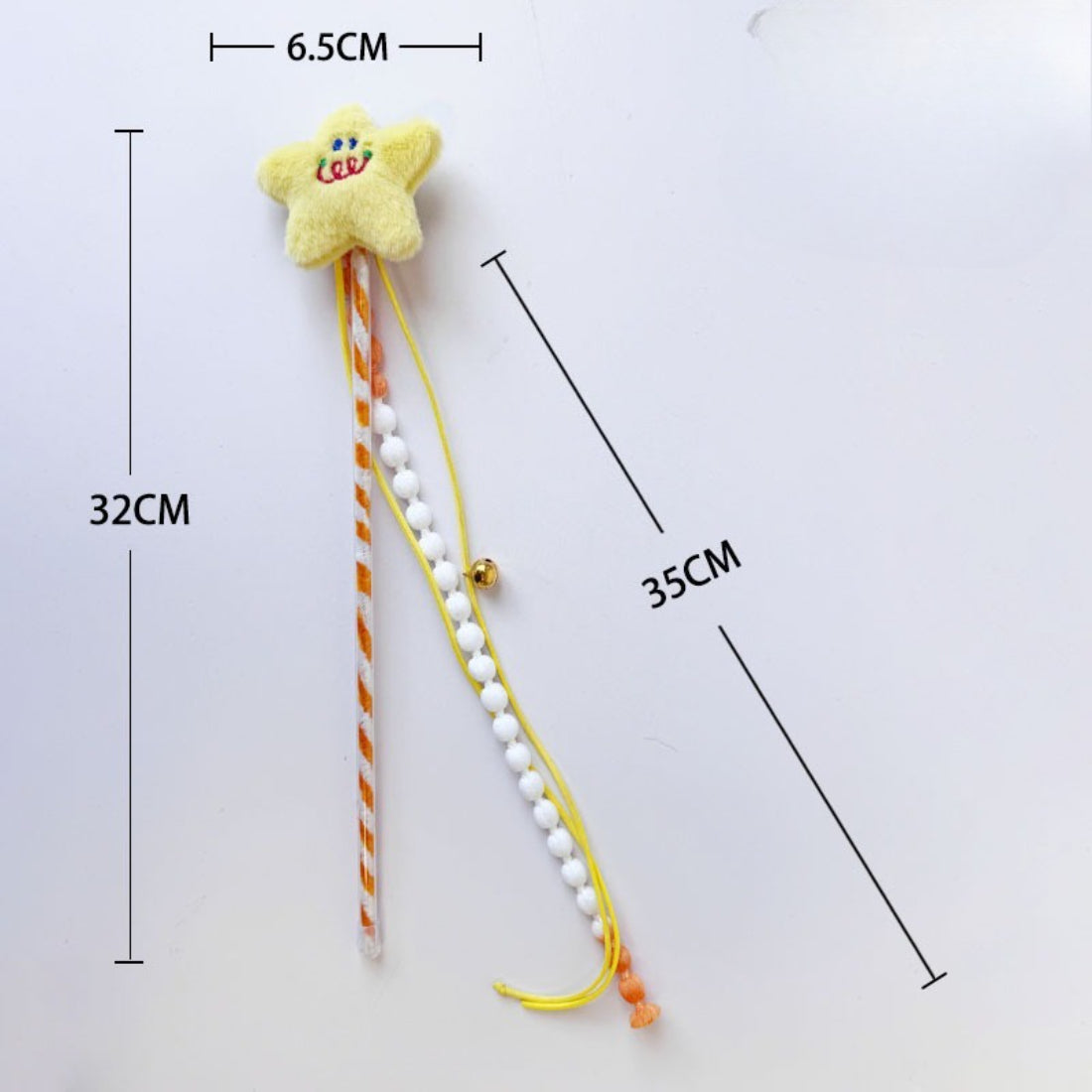 Moo plush cat teaser wand with beads and plush toy end on plain background