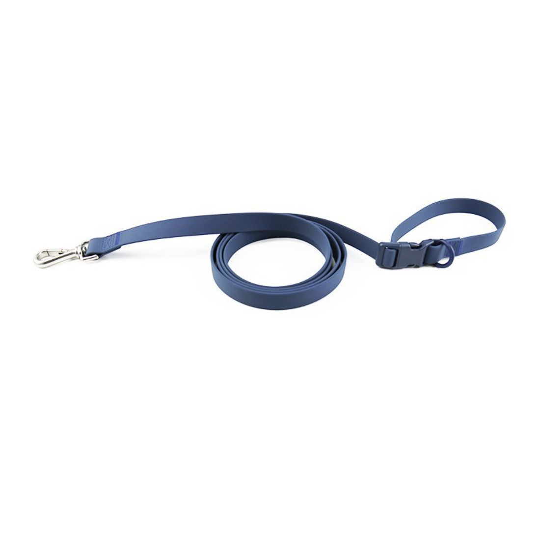 Black Loofie dog leash with adjustable handle and metal clip laid flat on white surface