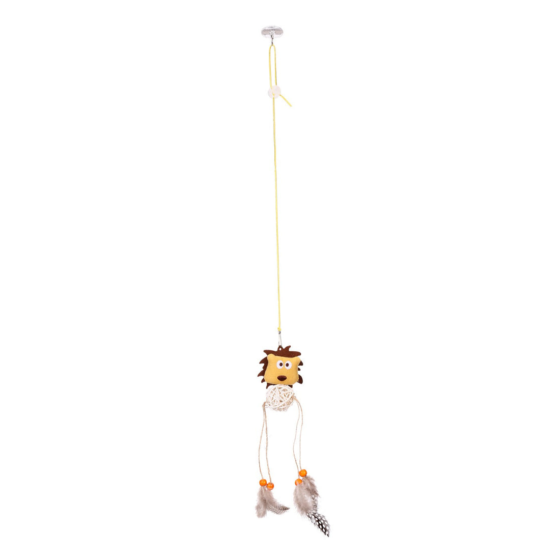 Cat playing with the Moo Lion hanging cat toy featuring plush lion and feather teaser