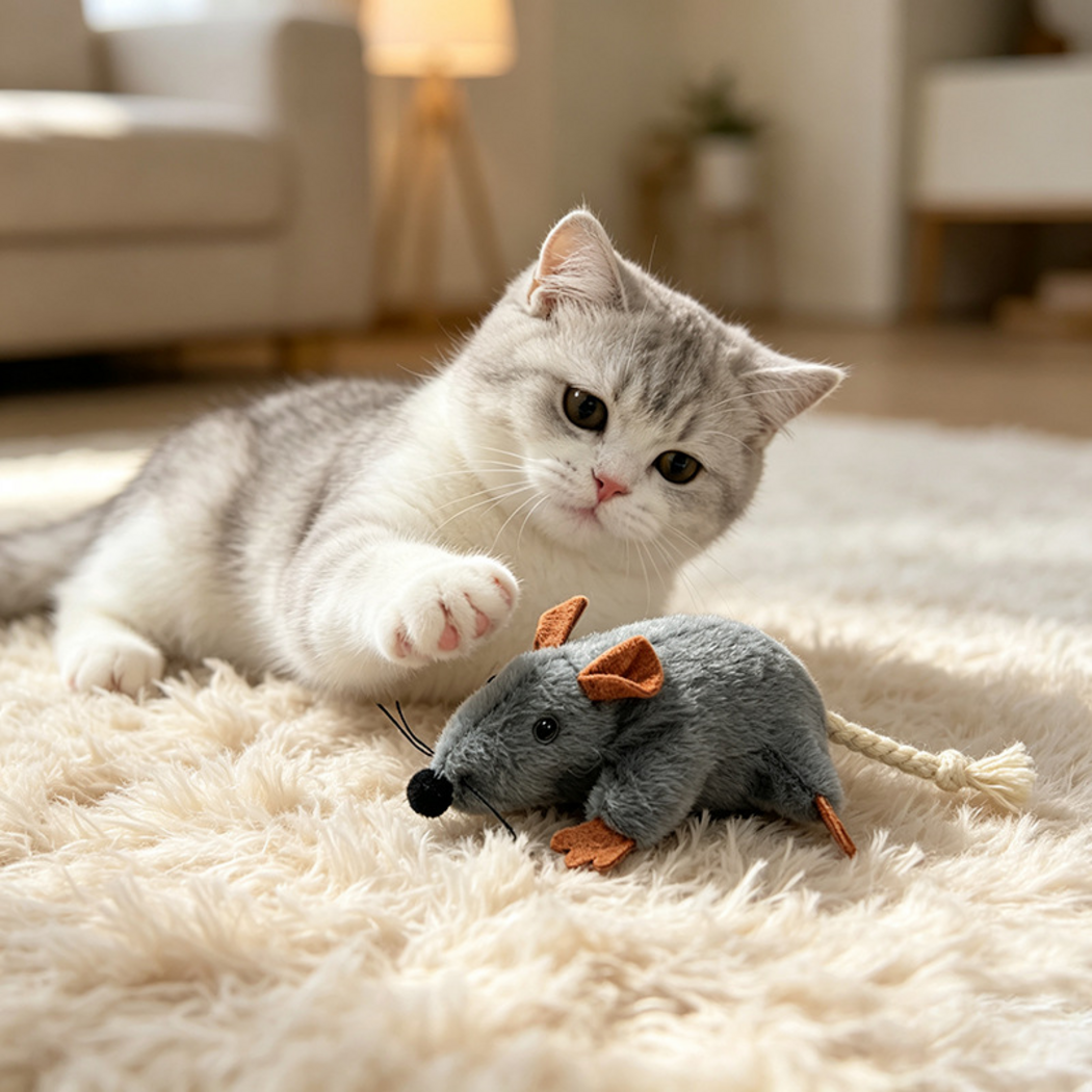 Mouse cat toy on a cream rug beside a reclining gray and white cat
