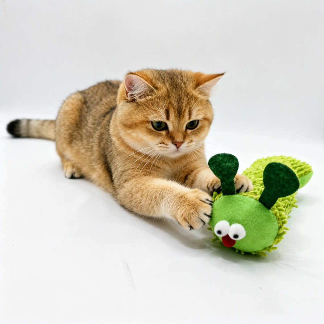 Golden cat holding a green caterpillar cat toy with its front paws