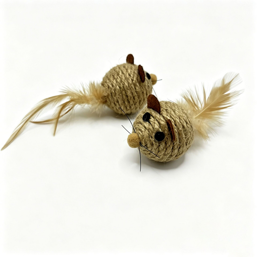 Mouse cat toys in front and rear side views, showing coiled rope covering and pale feather tails