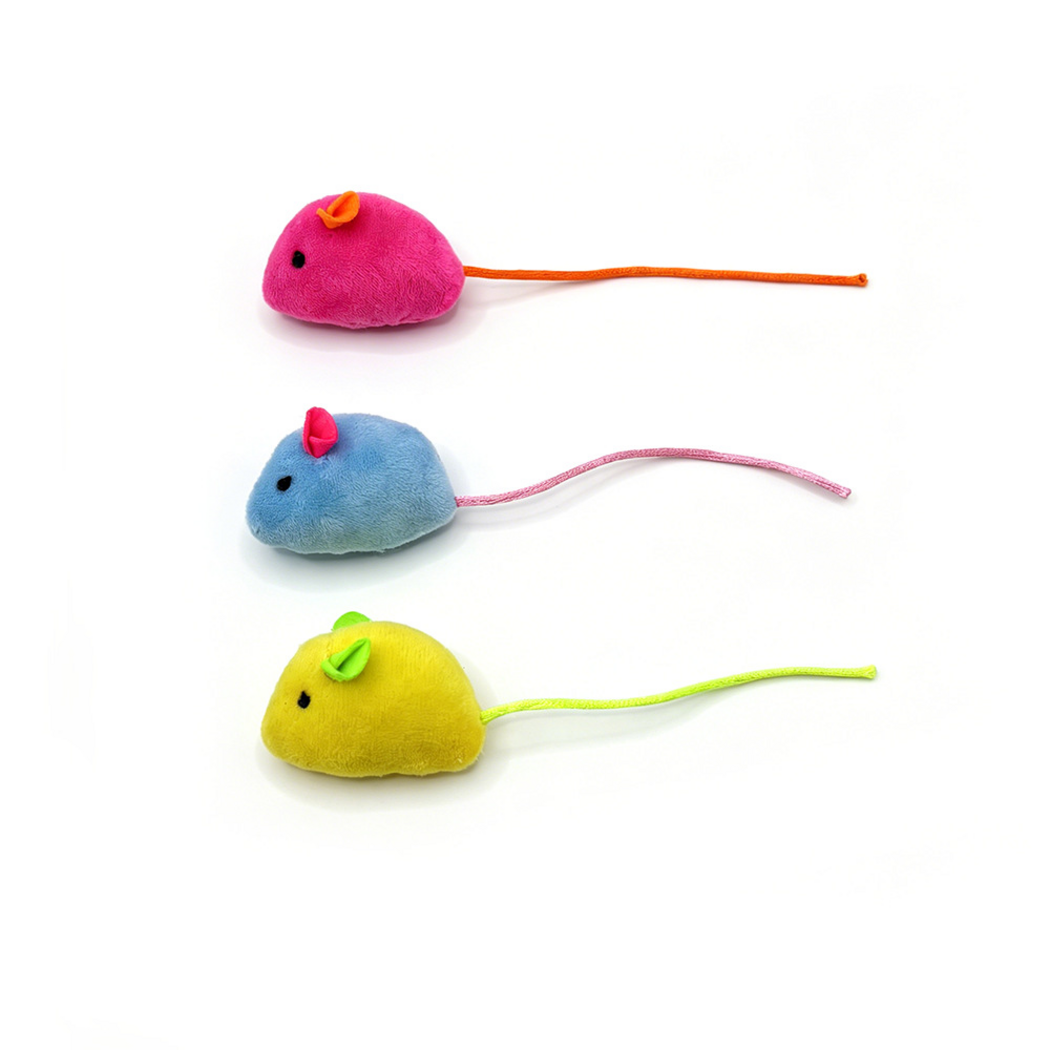 Pink, Blue and Yellow mouse-shaped cat toys arranged vertically in side view