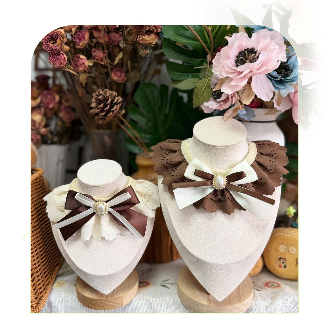 Ivory and Brown Pet Neckwear displayed side by side with contrasting layered bows