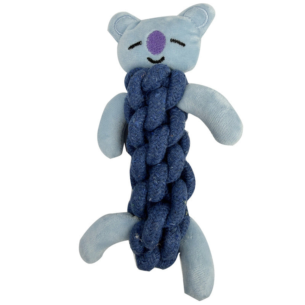 Koala style plush dog toy with braided body, front view
