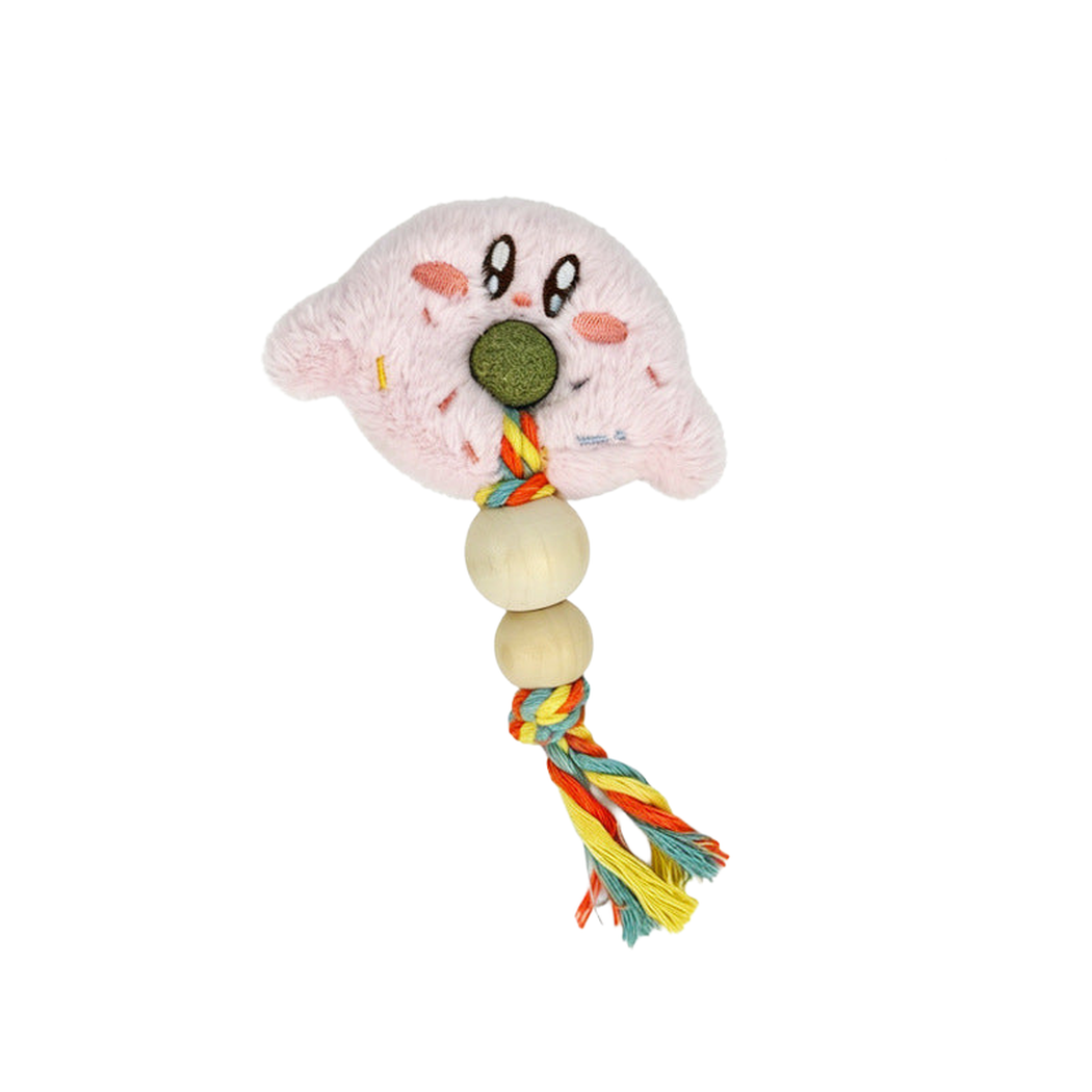 Round Character cat toy with a pink face and side arms, a central green ball, two rounded beads and a multicolored braided tassel.