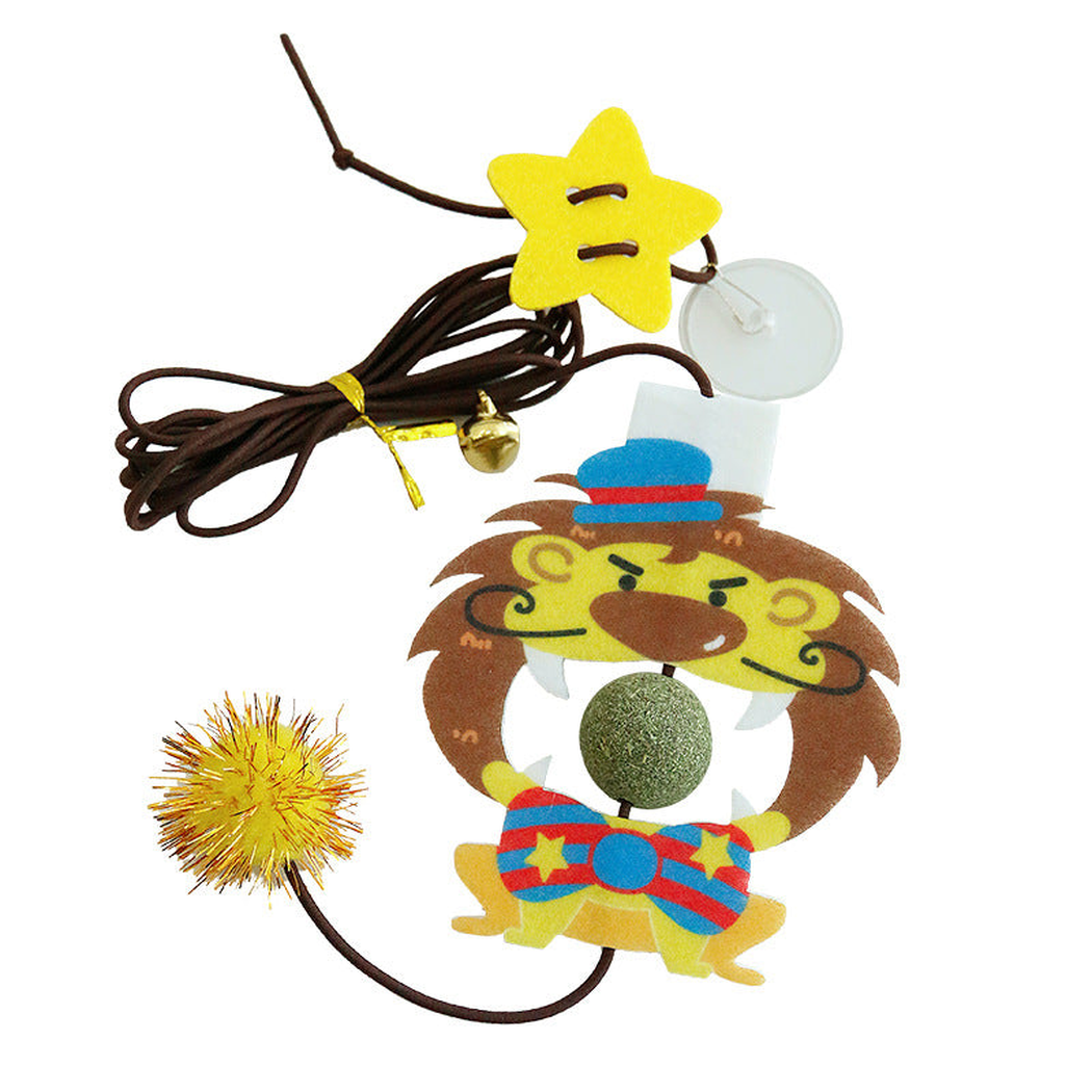 Lion hanging cat toy with a brown cord, suction cup, yellow star, bell and yellow pompom.