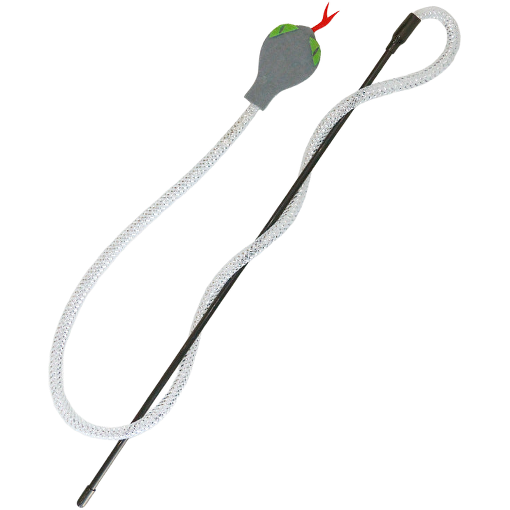 Slit Eyes cat teaser wand with a silver mesh body, gray snake-shaped head and red forked tongue.