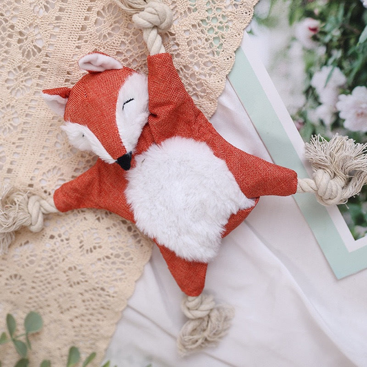 Orange fox dog toy styled with knotted rope limbs