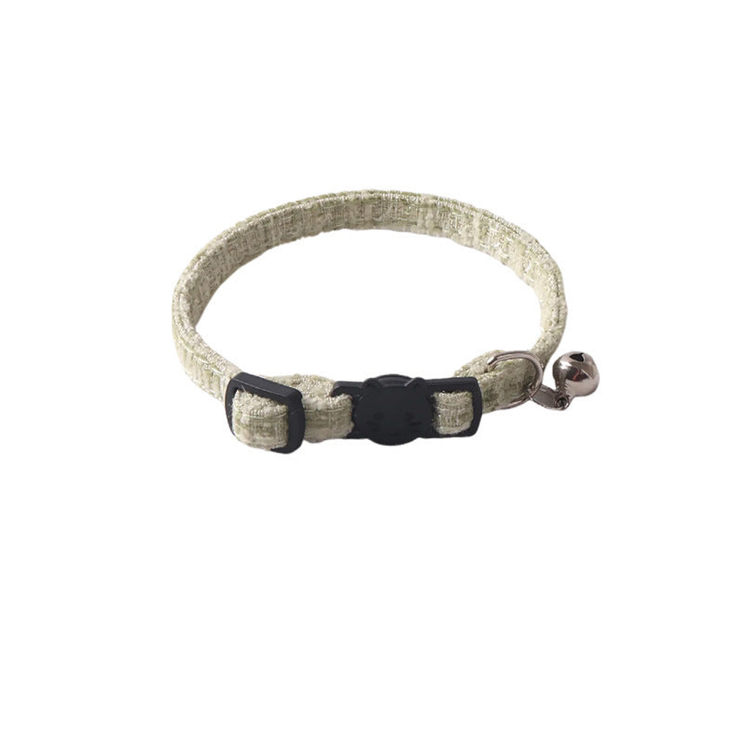 Green textured cat collar without bow, with bell and cat-face buckle