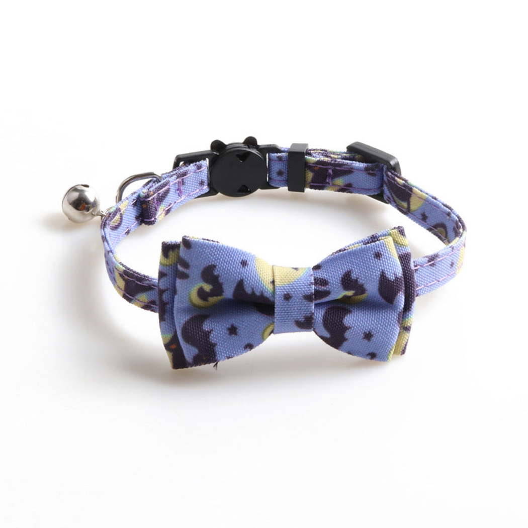 Light purple cat-and-bat-print bow cat collar with bell