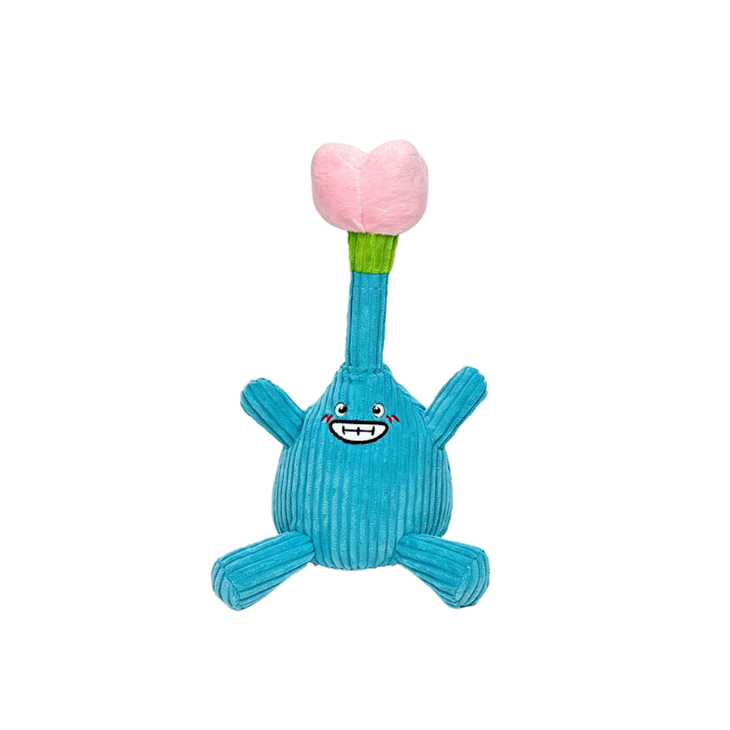 Blue flower-character dog toy with a pink bloom, front view