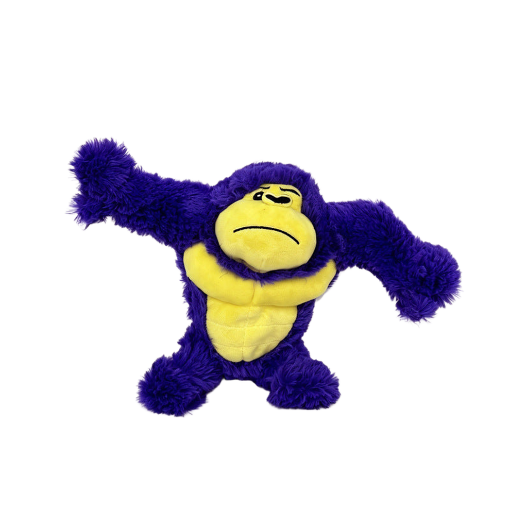 Purple fuzzy gorilla dog toy with yellow chest panel, front view