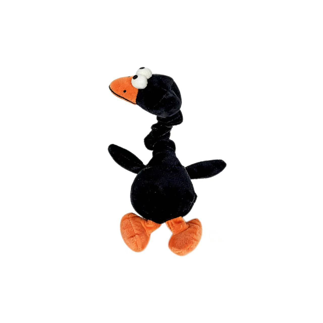 Black bird-shaped plush dog toy, front view