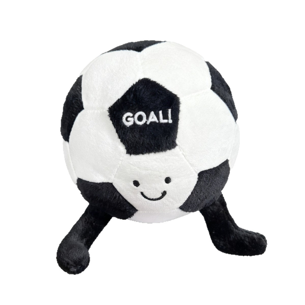 Black-and-white soccer ball dog toy with smiling face, front view