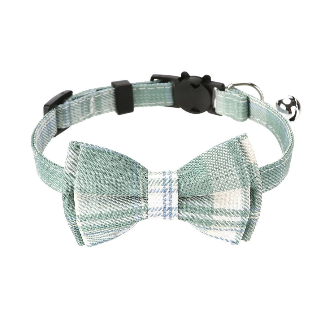 Mint plaid cat collar with bow and silver-tone bell, front view