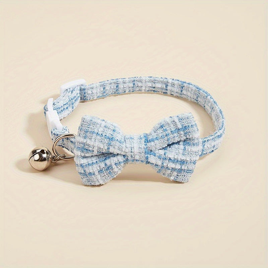 Light Blue plaid bow cat collar with silver-tone bell, front view