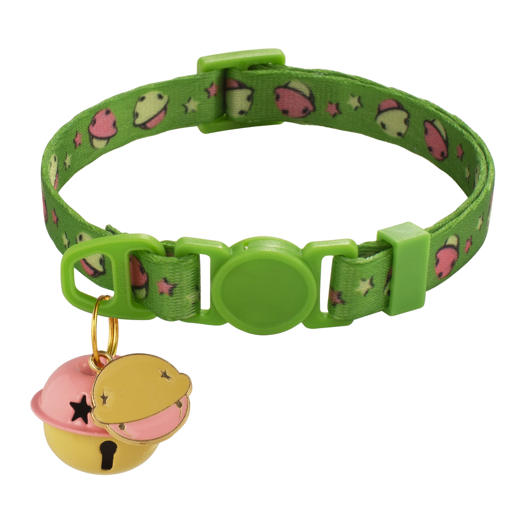 Green planet-print cat collar with bell and planet charm