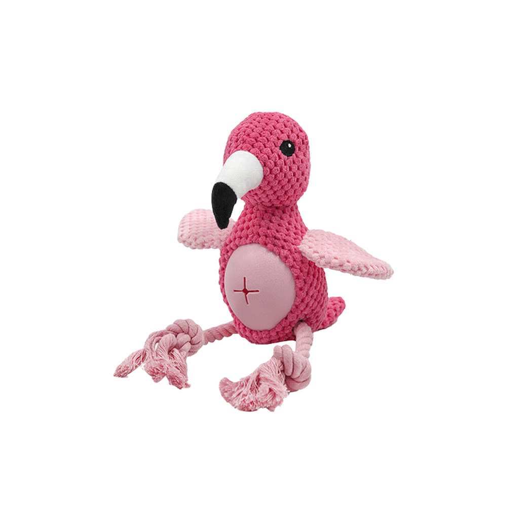 Pink Flamingo bird-shaped dog toy with pink rope legs