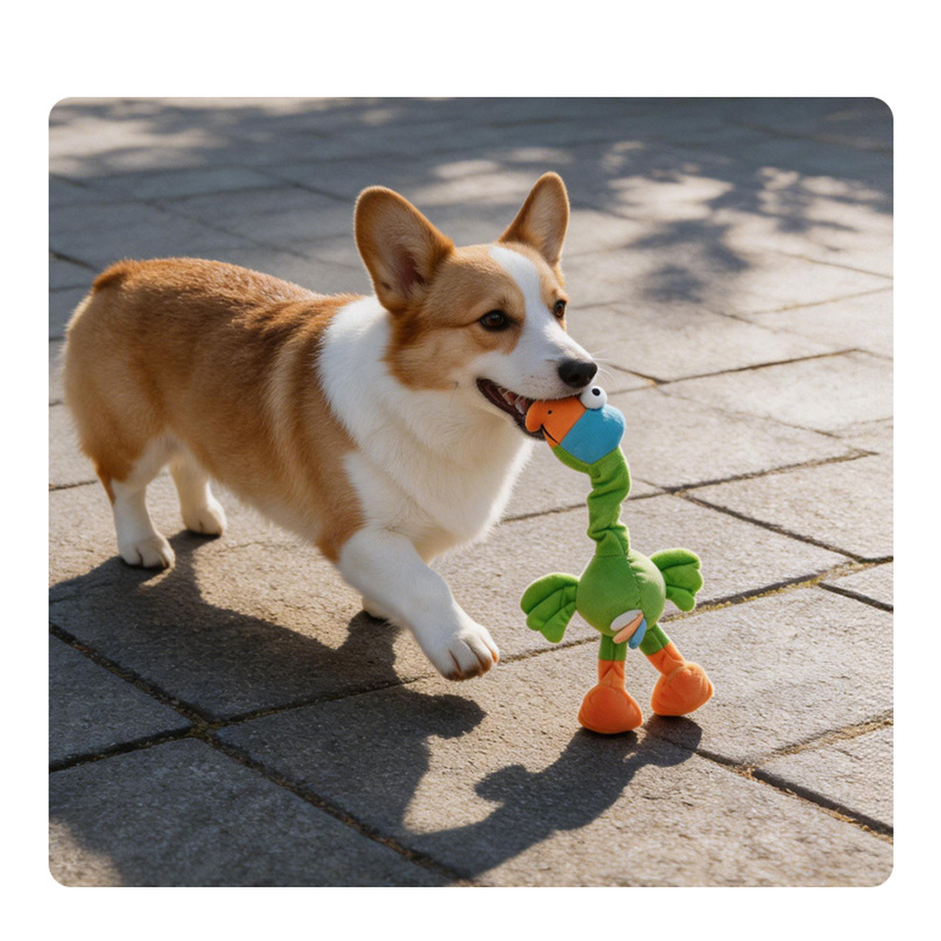 Dog carrying the Parrot long-neck bird dog toy outdoors