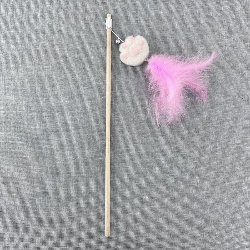 White paw cat teaser wand with pink feather tassel, full view