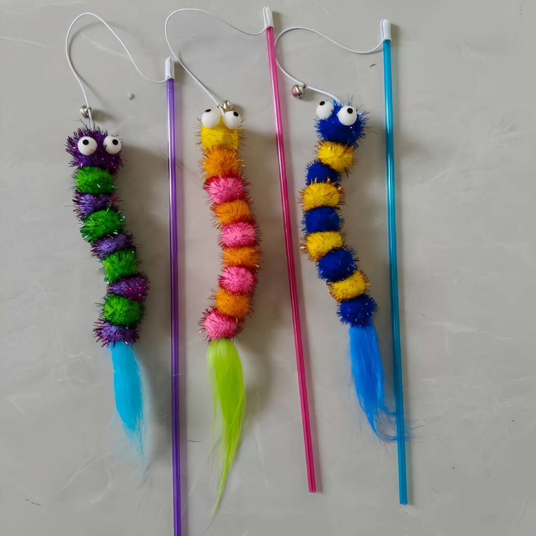Purple, Pink, and Blue caterpillar cat teaser wands arranged together