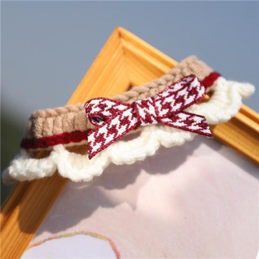 Brown pet neckwear with burgundy patterned bow and ruffled ivory edge