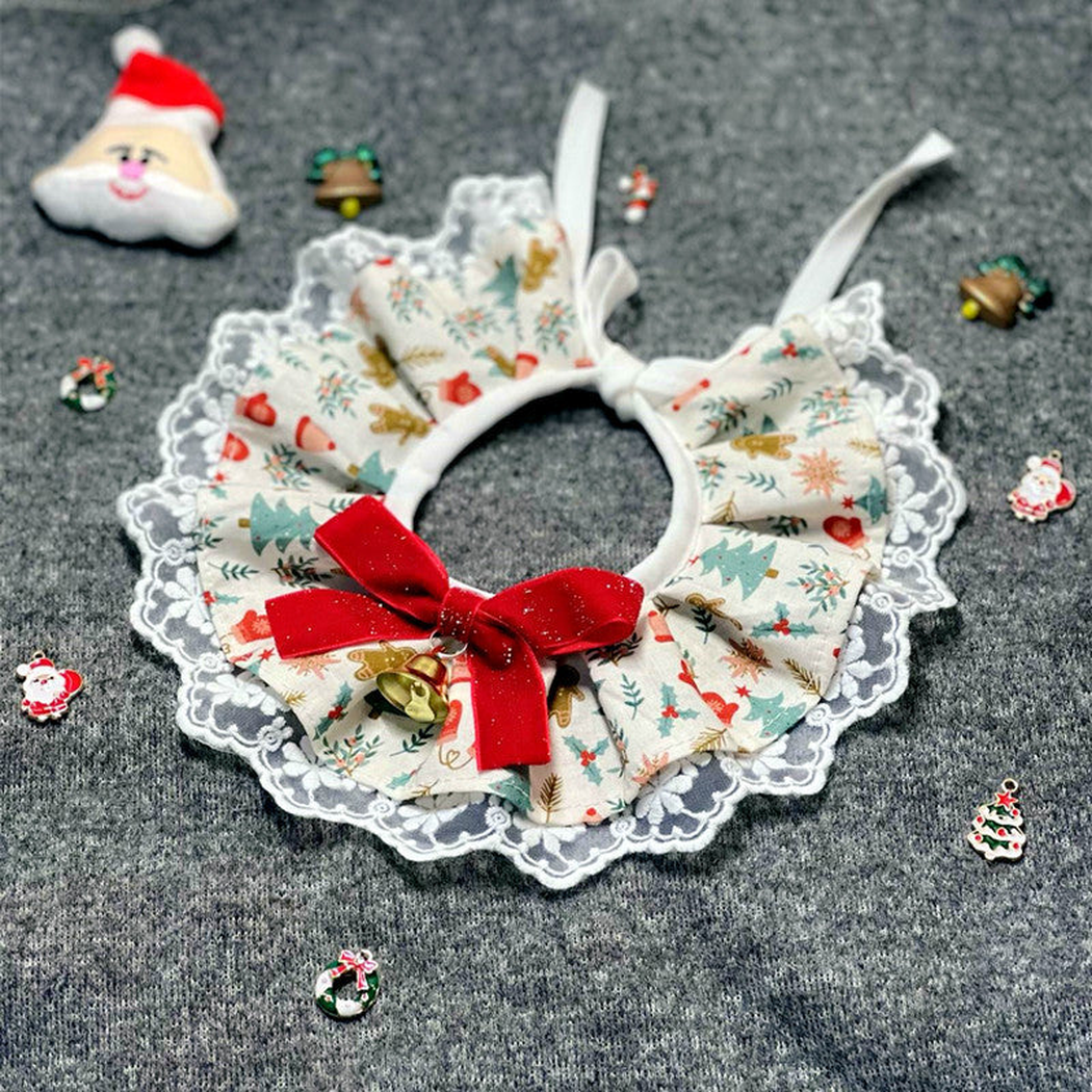 Gingerbread style ivory ruffled pet neckwear with red bow and bell