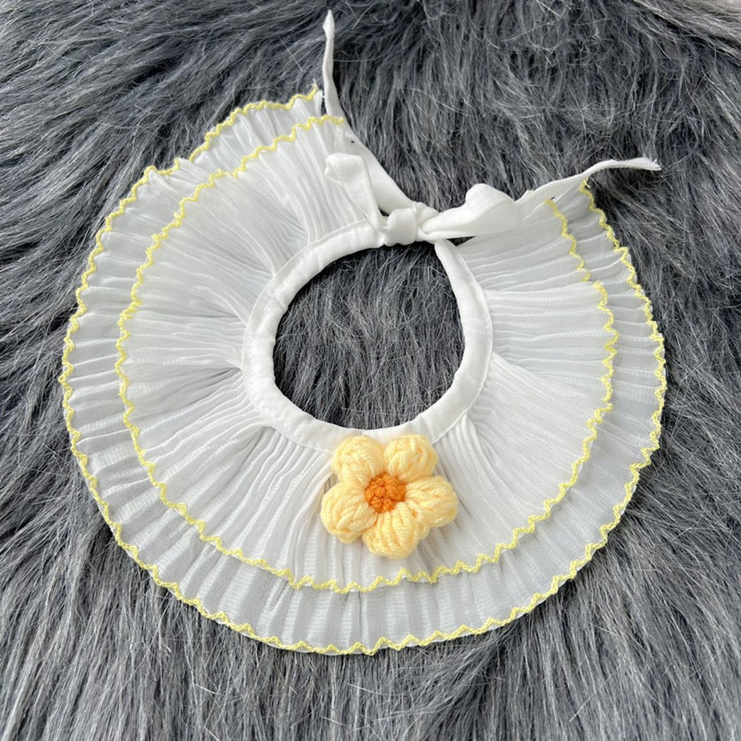 Yellow double-layer ruffled pet neckwear with raised flower and tie closure