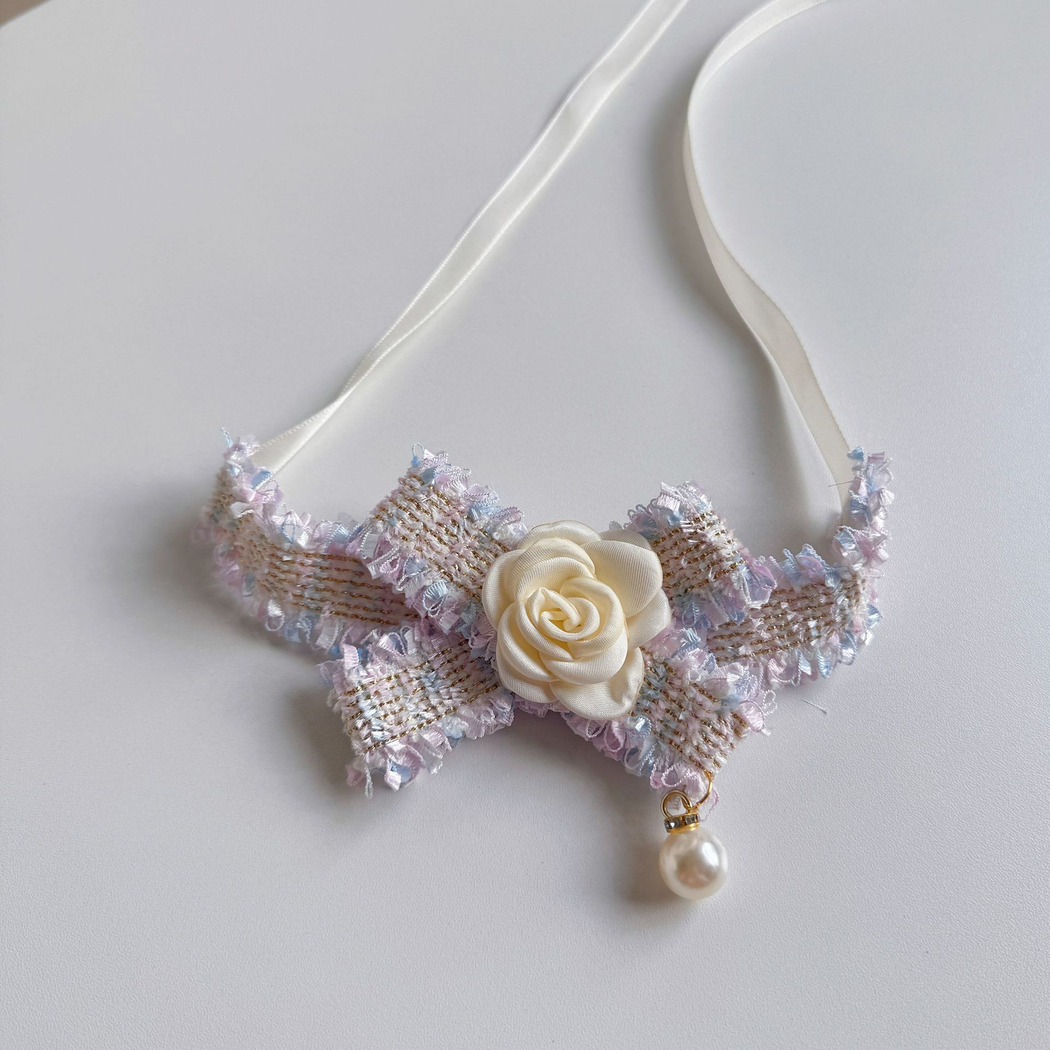 Light Purple bow pet neckwear with extended tie straps and dangling pearl-look drop