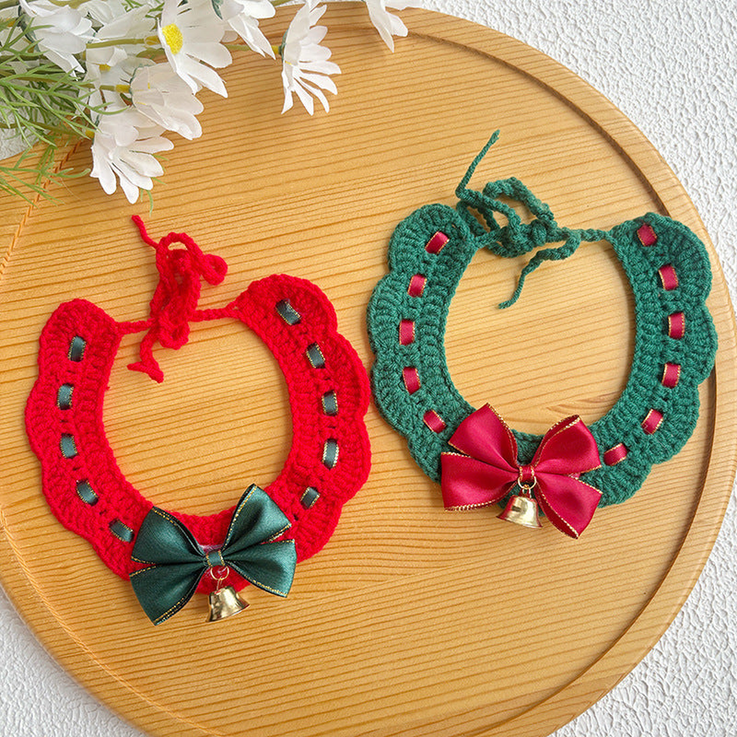 Green and red pet neckwear styles with contrasting bows and bells