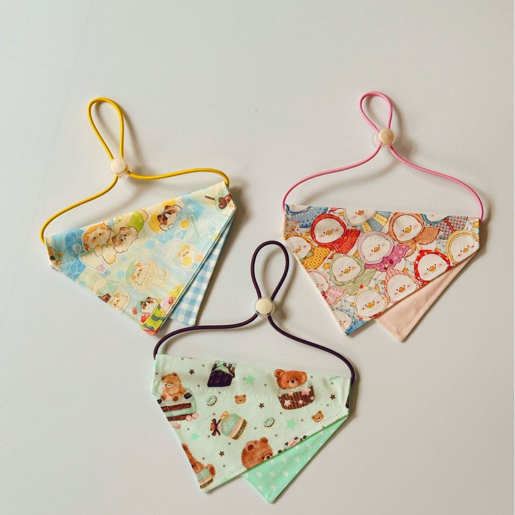 Pet Neckwear in Bear, Duck, and Cat styles with layered triangular panels and colored cord loops.