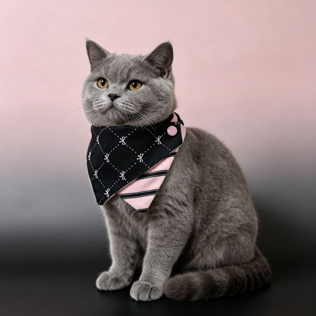Diamond Dots pet neckwear with a black dotted pattern and pink striped panel, worn by a gray cat
