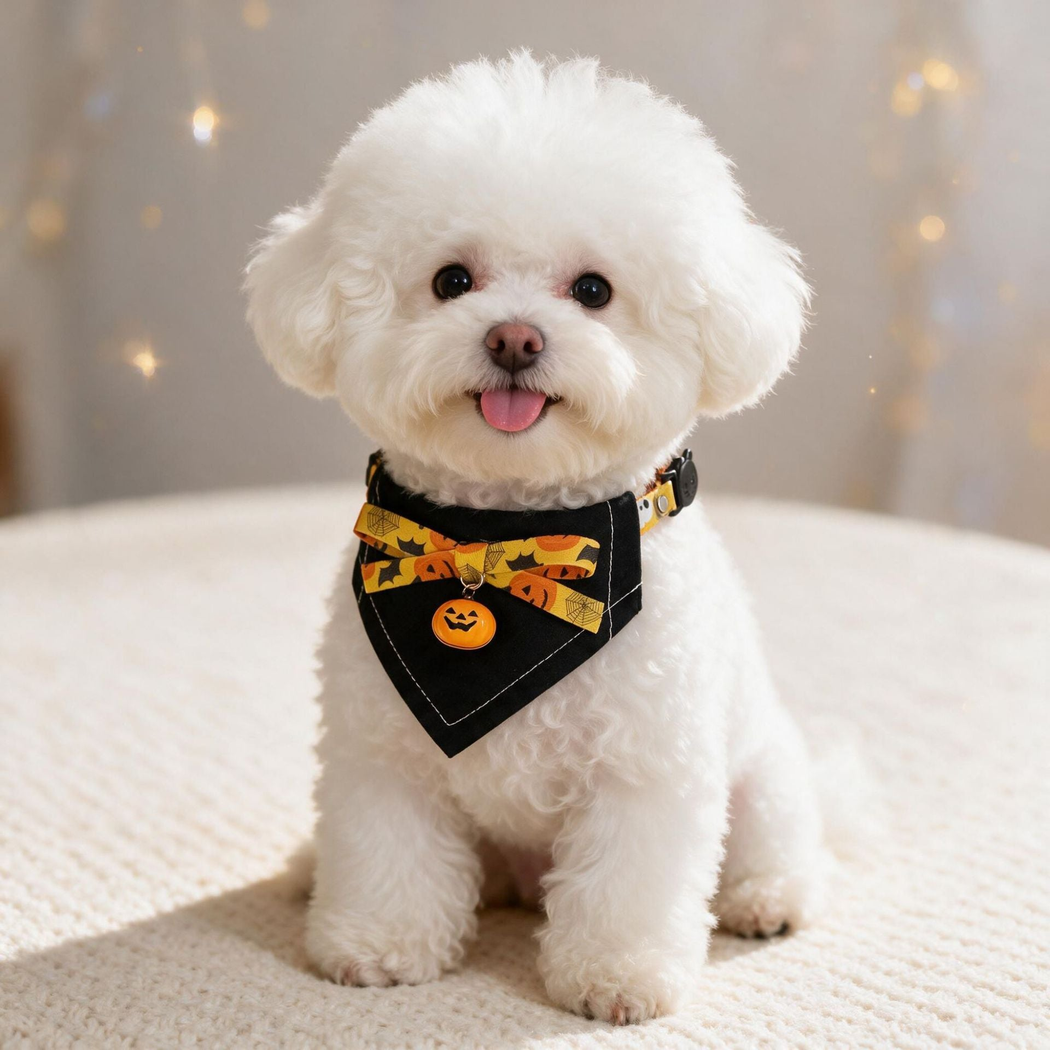 Small white dog wearing Orange Ghost pet neckwear with a bow and pumpkin charm