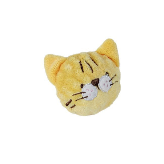 Yellow Cat plush dog toy with embroidered face and pointed ears