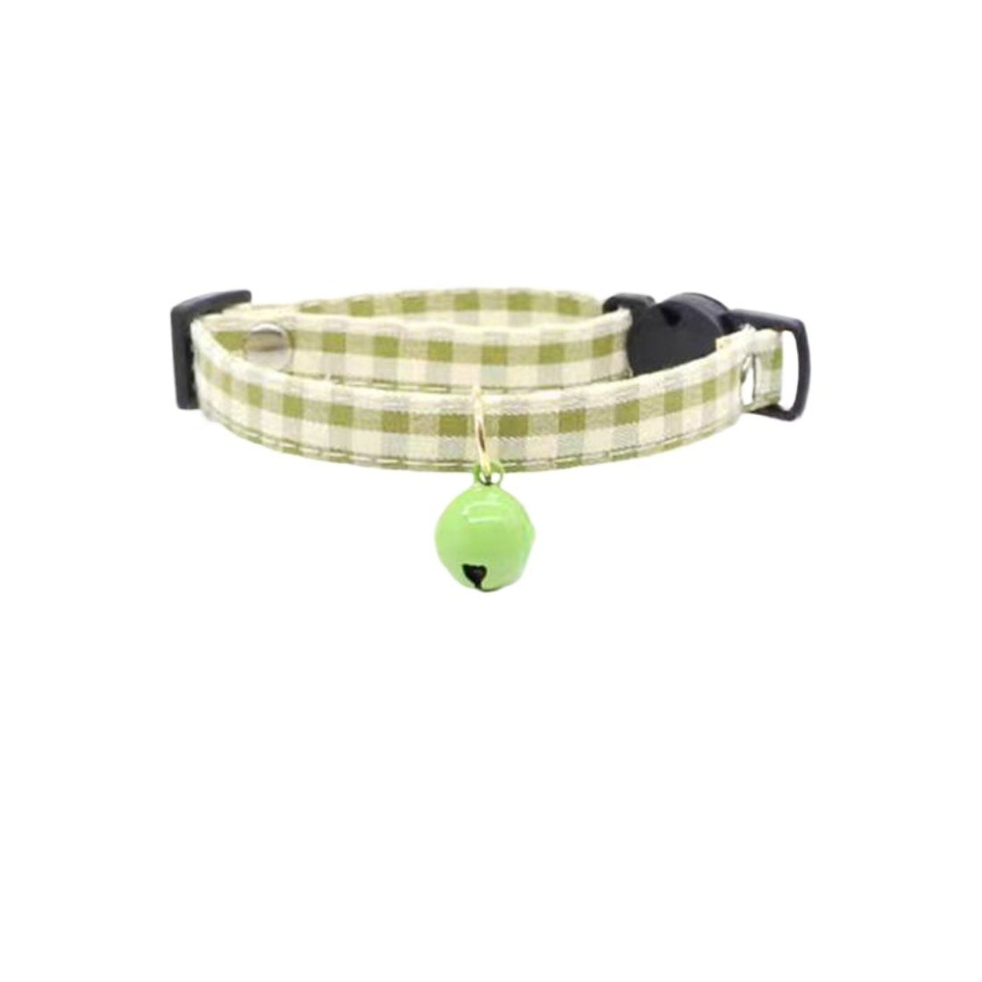 Mokka gingham cat collar coiled with bell and black buckle visible