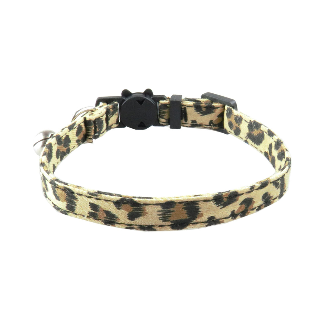 Mokka leopard print cat collar with bell displayed flat on surface