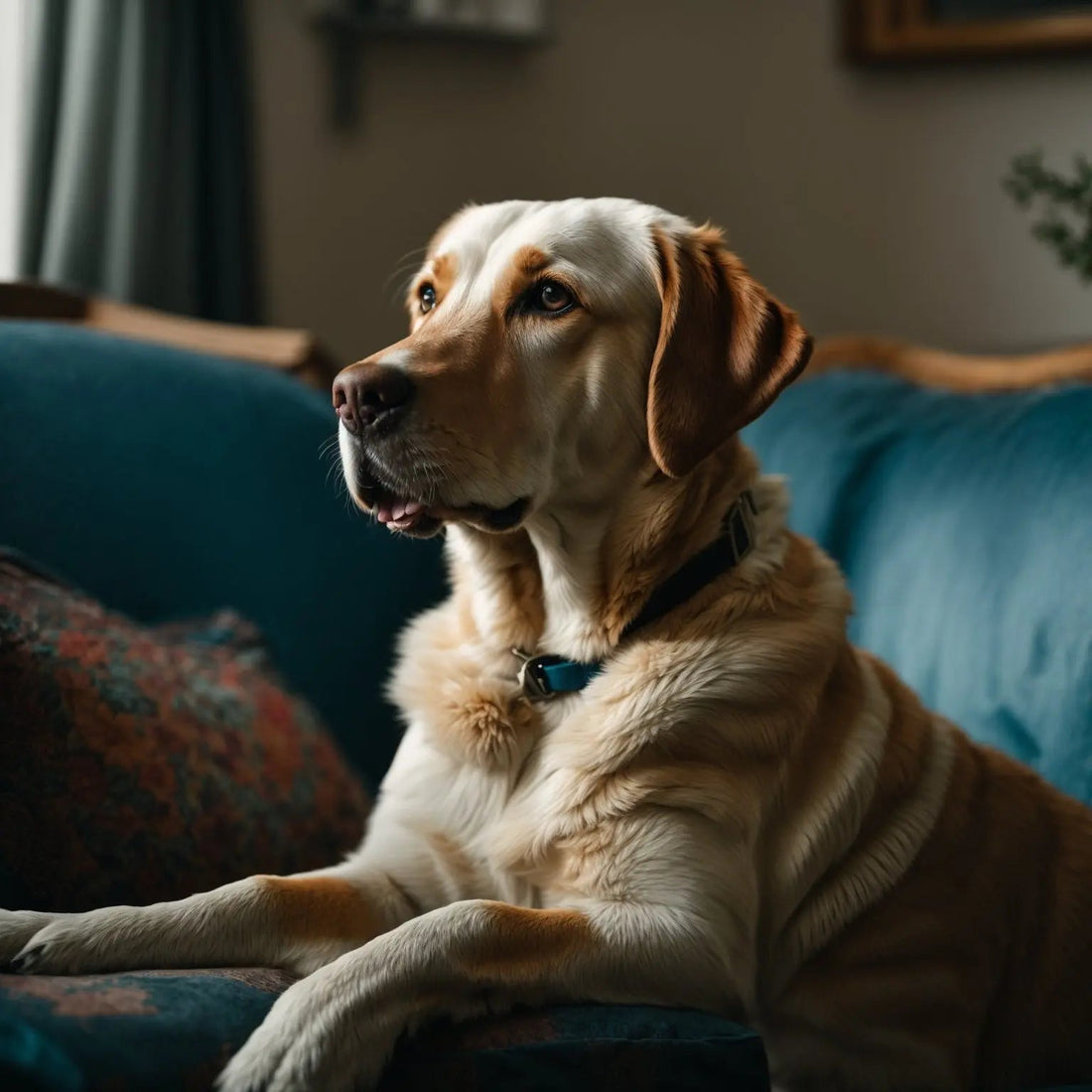 Labrador sitting calmly on a sofa