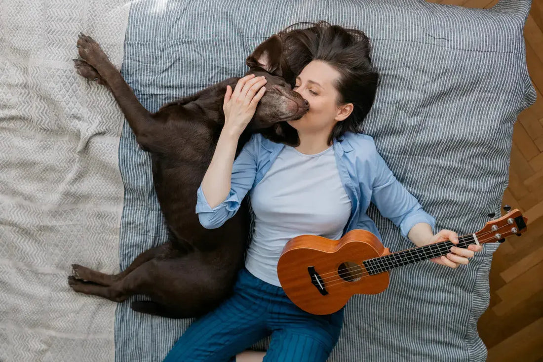 Woman relaxing with her dog while playing a ukulele