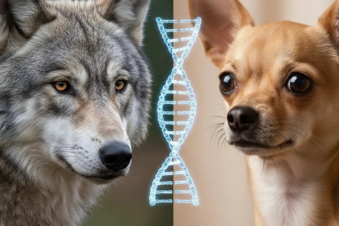 Wolf and Chihuahua shown beside a DNA graphic