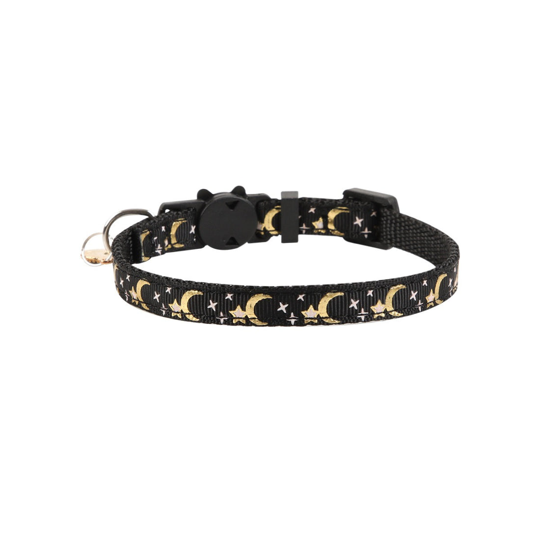 Mokka cat collar with celestial moon and star design displayed flat with bell